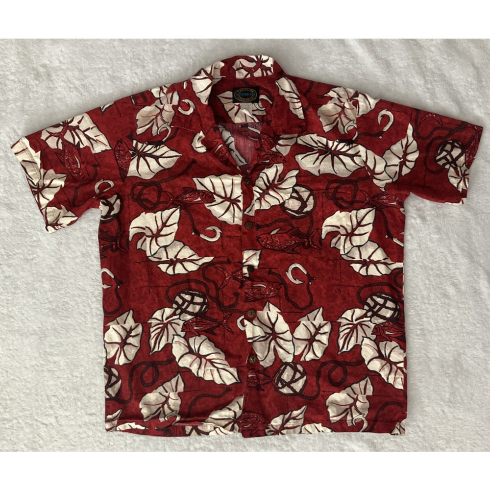 Vintage 80s Hawaiian Reserve Collection Shirt Palm Fish Tropical Fishhook LG Red
